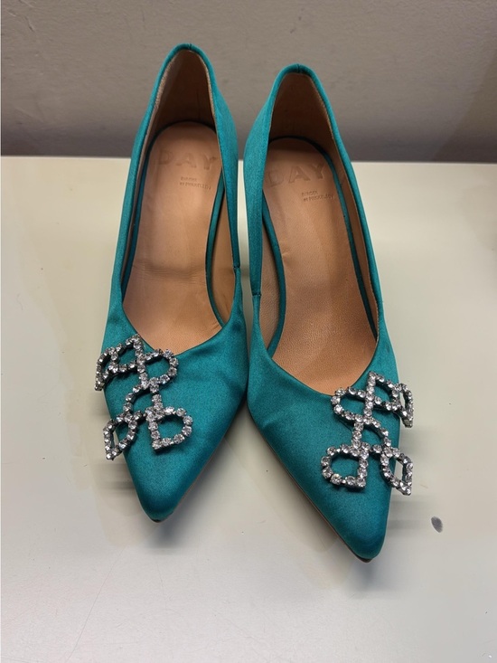 Day Birger Et Mikkelsen Shoes - Day Birger et Mikkelsen Elegant Teal Satin Heels with Crystal Embellishments